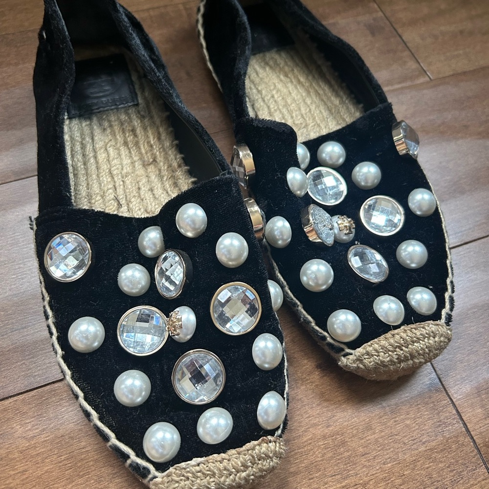 Tory Burch Black Espadrille Flats with Pearls